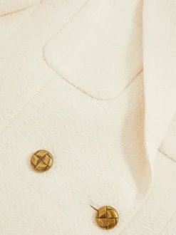 Reiss White Mia Double-Breasted Textured Cropped Blazer with Wool and Cotton