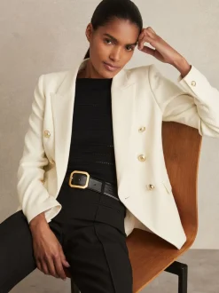 Reiss White Tally Petite Tailored Fit Textured Double Breasted Blazer