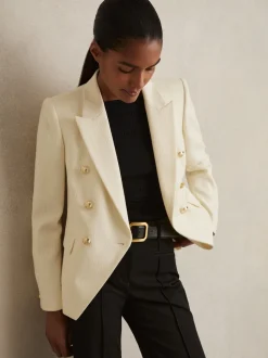 Reiss White Tally Tailored Fit Textured Double Breasted Blazer