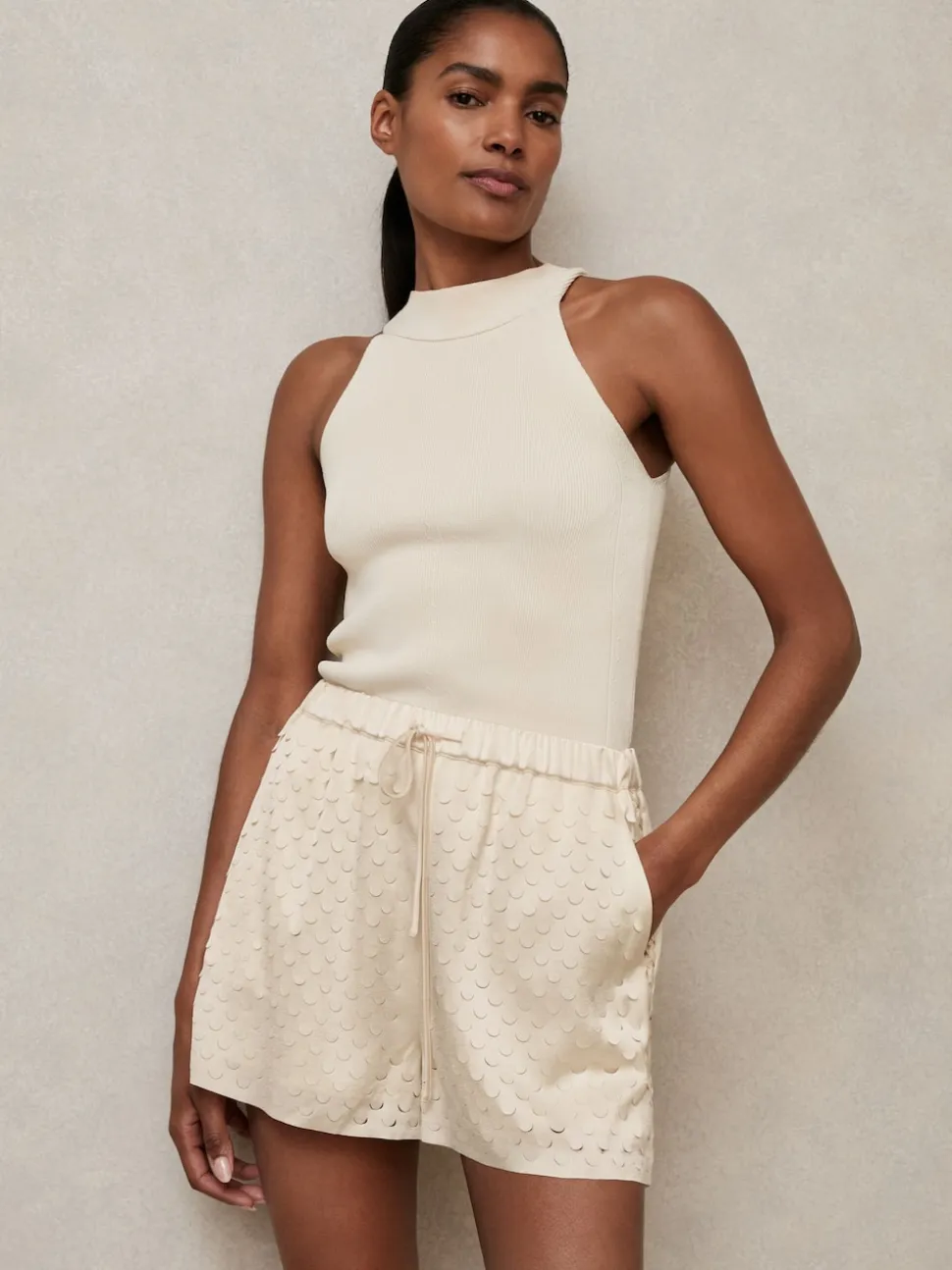Reiss White Winnie Laser Cut Drawstring Shorts