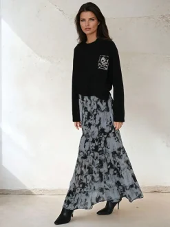Religion Black Citrine Tiered Maxi Skirt In Dark Abstract Print
