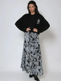 Religion Black Citrine Tiered Maxi Skirt In Dark Abstract Print