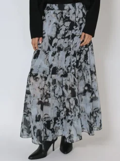 Religion Black Citrine Tiered Maxi Skirt In Dark Abstract Print