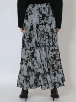 Religion Black Citrine Tiered Maxi Skirt In Dark Abstract Print