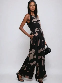 Religion Black Crew Wide Leg Jumpsuit in Abstract Façade Print