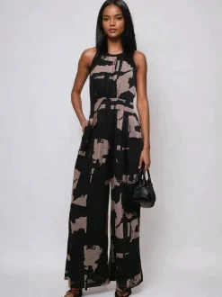 Religion Black Crew Wide Leg Jumpsuit in Abstract Façade Print