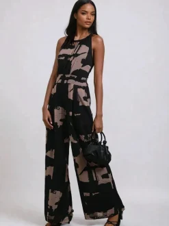 Religion Black Crew Wide Leg Jumpsuit in Abstract Façade Print