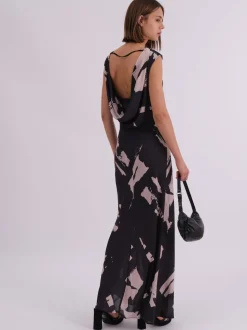 Religion Black Dawn Maxi Column Dress With Draped Back Detail In Hand-Painted Print