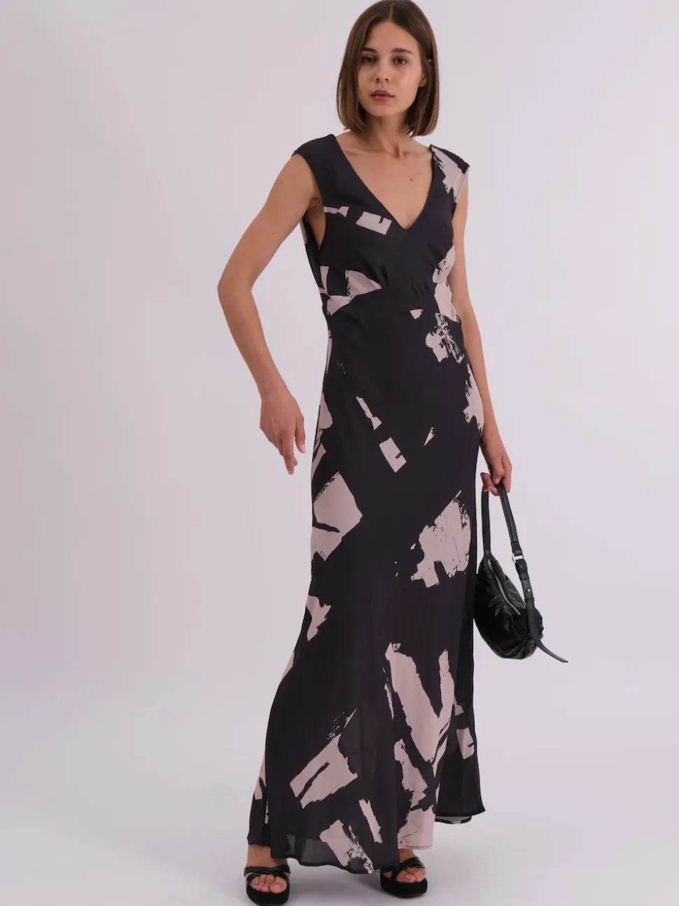Religion Black Dawn Maxi Column Dress With Draped Back Detail In Hand-Painted Print
