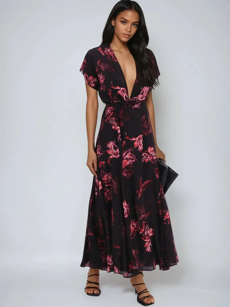 Religion Black Fade Maxi 2 Way Wrap Dress In Dark Floral