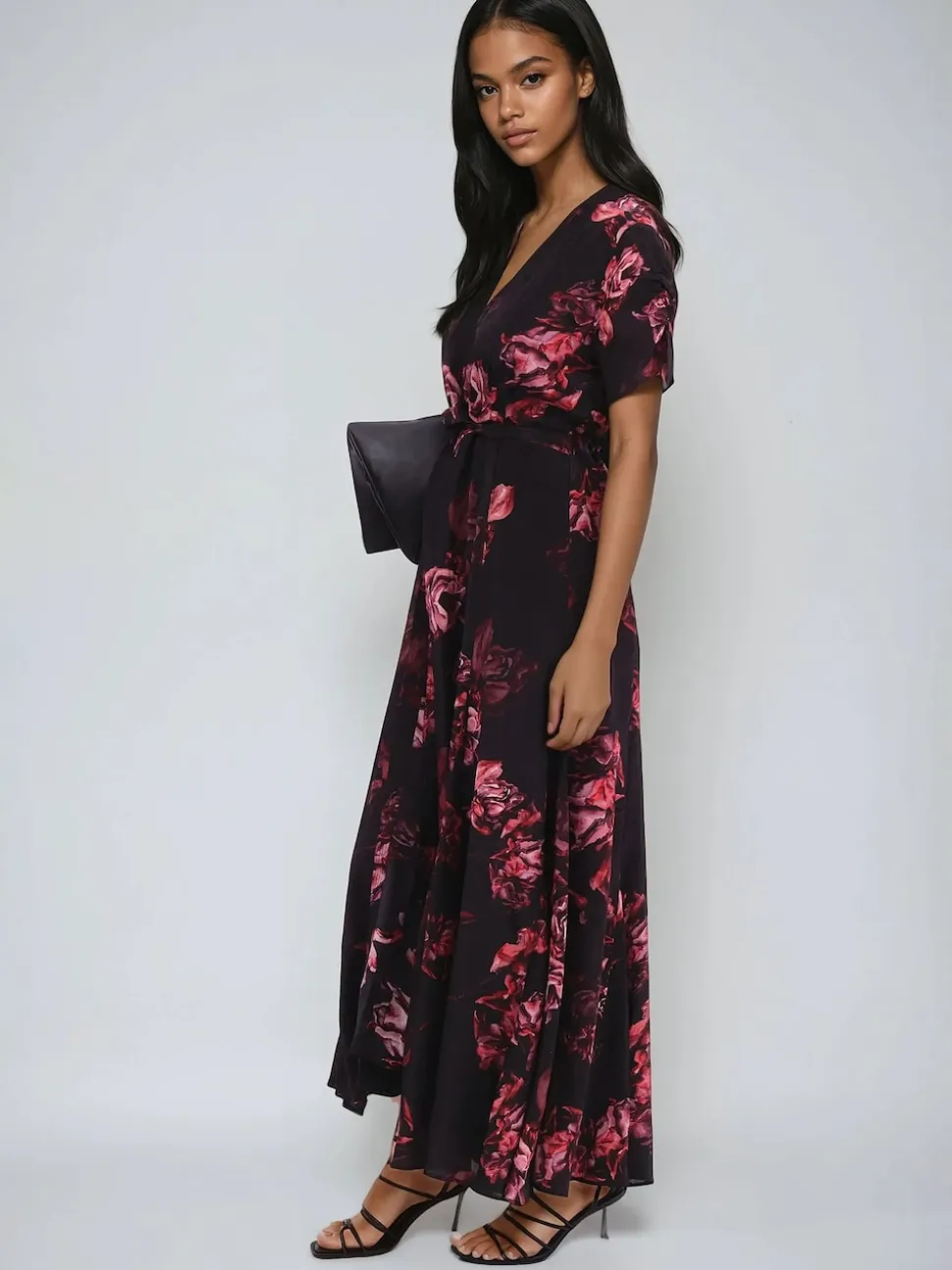 Religion Black Fade Maxi 2 Way Wrap Dress In Dark Floral