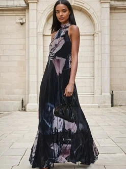 Religion Black Florence Halterneck Maxi Dress With Sash Detail In Dark Floral