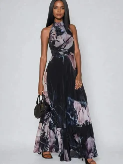 Religion Black Florence Halterneck Maxi Dress With Sash Detail In Dark Floral