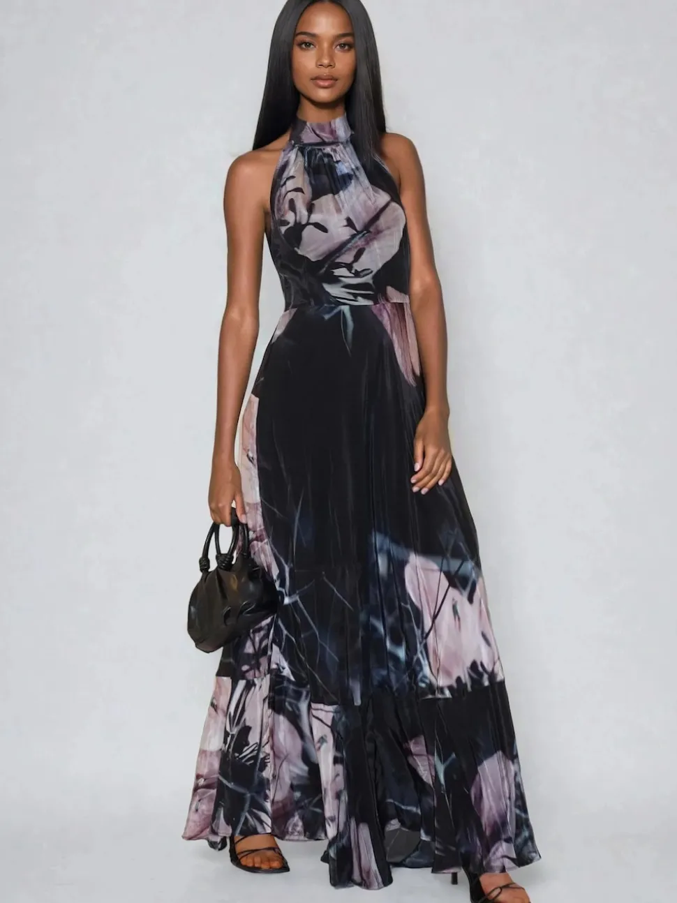 Religion Black Florence Halterneck Maxi Dress With Sash Detail In Dark Floral