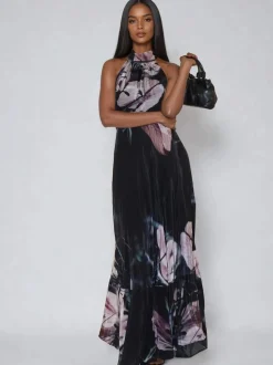 Religion Black Florence Halterneck Maxi Dress With Sash Detail In Dark Floral