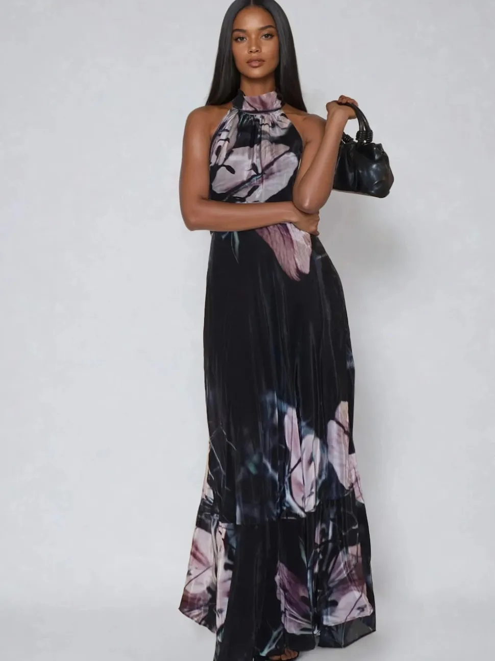 Religion Black Florence Halterneck Maxi Dress With Sash Detail In Dark Floral