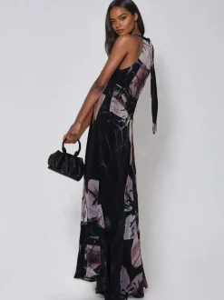 Religion Black Florence Halterneck Maxi Dress With Sash Detail In Dark Floral