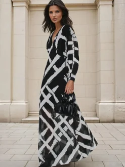 Religion Black Lily Column Bias Cut Maxi Dress In Abstract Monochrome Stripe Print