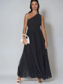 Religion Black Sheer One Shoulder Maxi Dress With Full Skirt