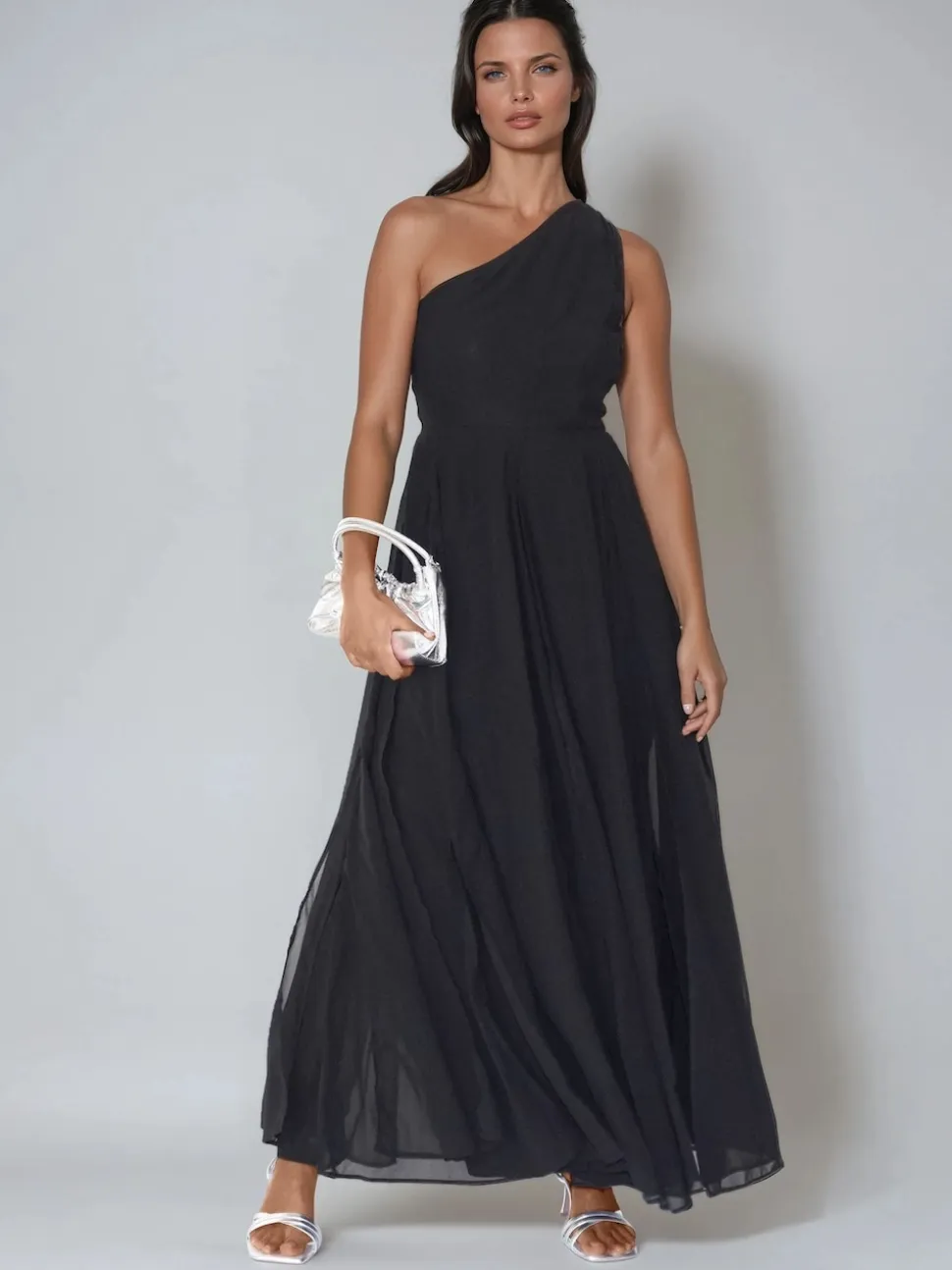 Religion Black Sheer One Shoulder Maxi Dress With Full Skirt