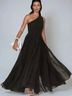 Religion Black Sheer One Shoulder Maxi Dress With Full Skirt