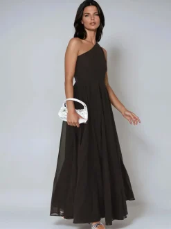 Religion Black Sheer One Shoulder Maxi Dress With Full Skirt