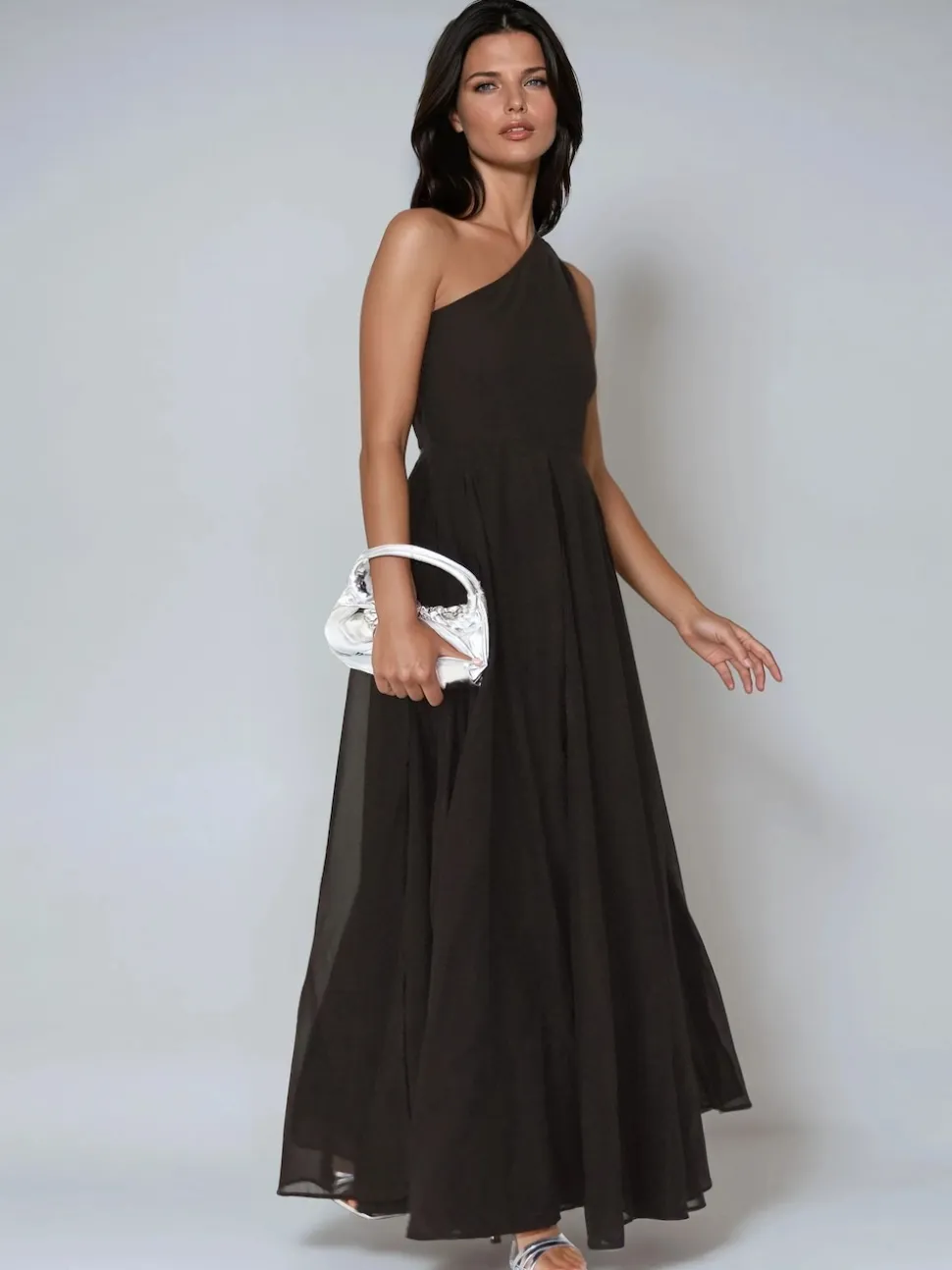 Religion Black Sheer One Shoulder Maxi Dress With Full Skirt