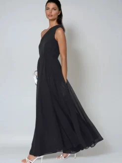 Religion Black Sheer One Shoulder Maxi Dress With Full Skirt