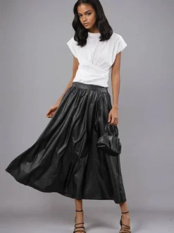 Religion Black Sophie Full Maxi Skirt In Faux Leather With Pockets