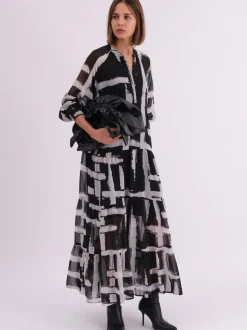 Religion Black Sunset Maxi Shirt Dress With A Tiered Boho Style Skirt In Abstract Prints