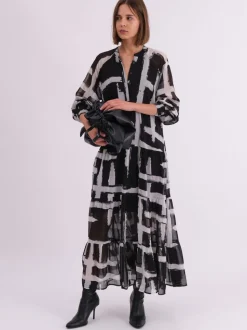 Religion Black Sunset Maxi Shirt Dress With A Tiered Boho Style Skirt In Abstract Prints