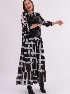Religion Black Sunset Maxi Shirt Dress With A Tiered Boho Style Skirt In Abstract Prints