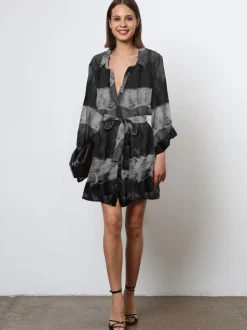 Religion Black Tie Dye Tunic Shirt Dress With Kimono Sleeves in Bright Floral Print