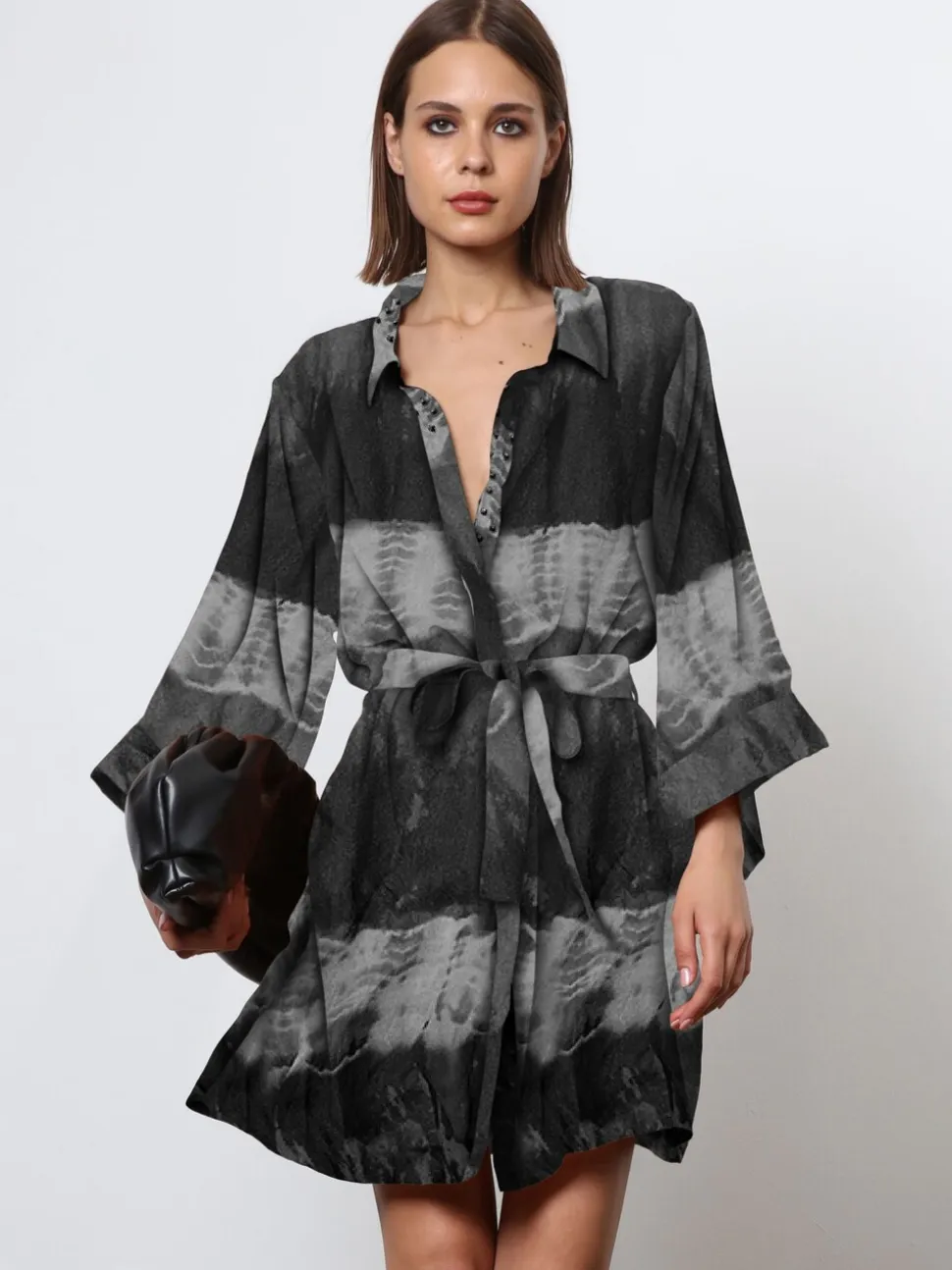 Religion Black Tie Dye Tunic Shirt Dress With Kimono Sleeves in Bright Floral Print