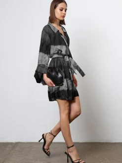 Religion Black Tie Dye Tunic Shirt Dress With Kimono Sleeves in Bright Floral Print