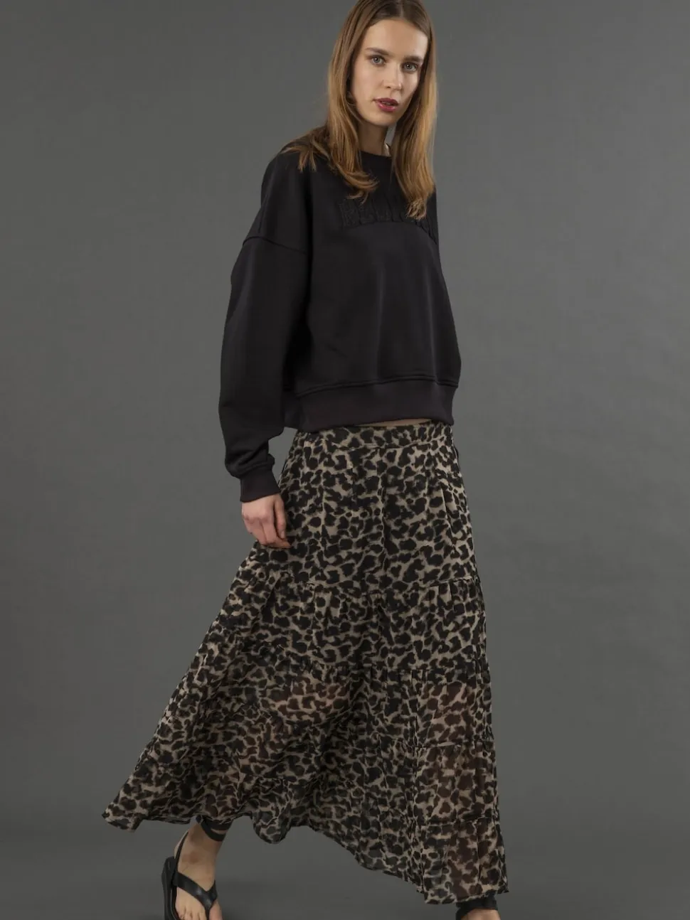 Religion Black Tiered Boho Style Citrine Maxi Skirt In Leopard Animal Print