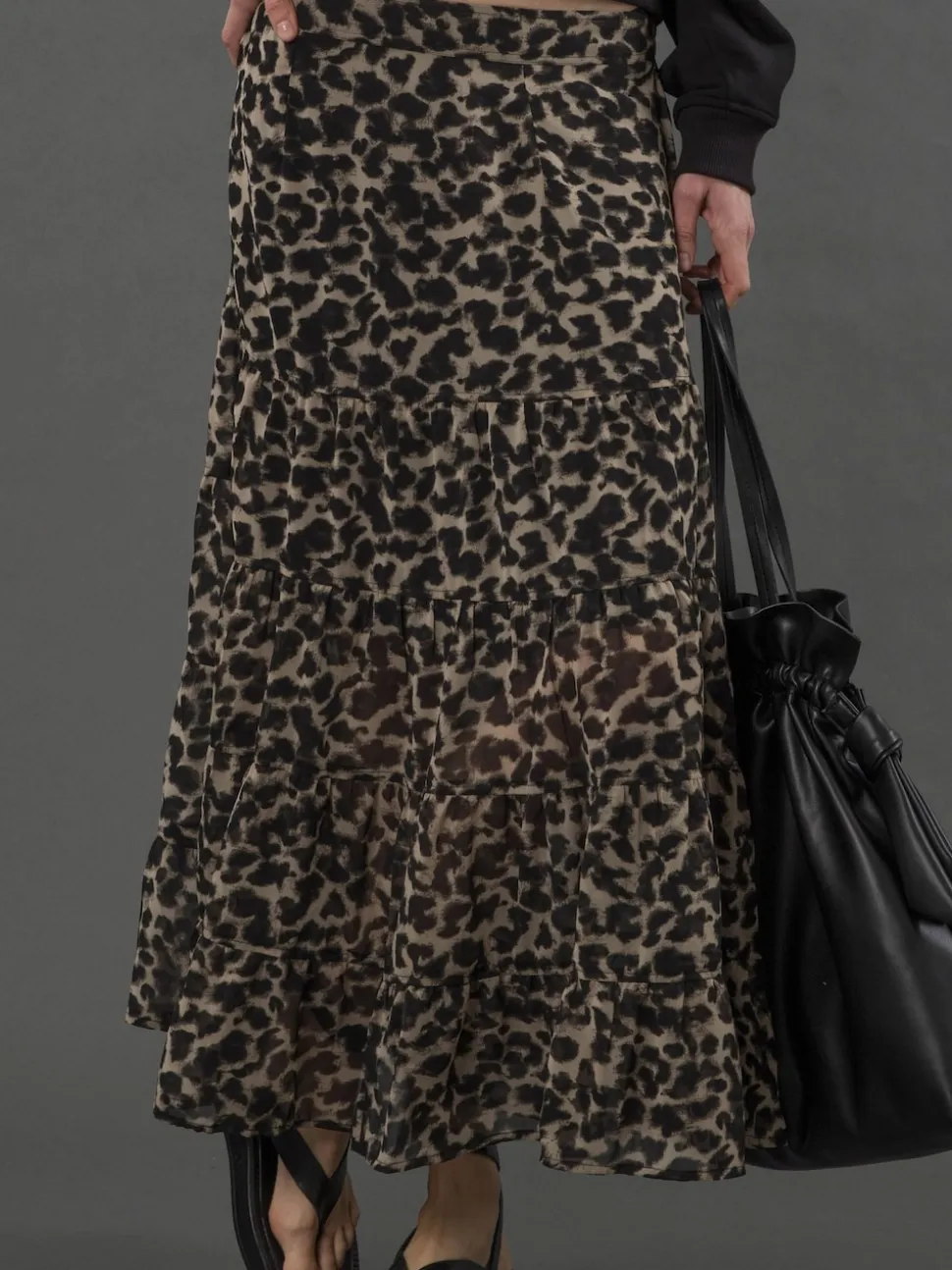 Religion Black Tiered Boho Style Citrine Maxi Skirt In Leopard Animal Print