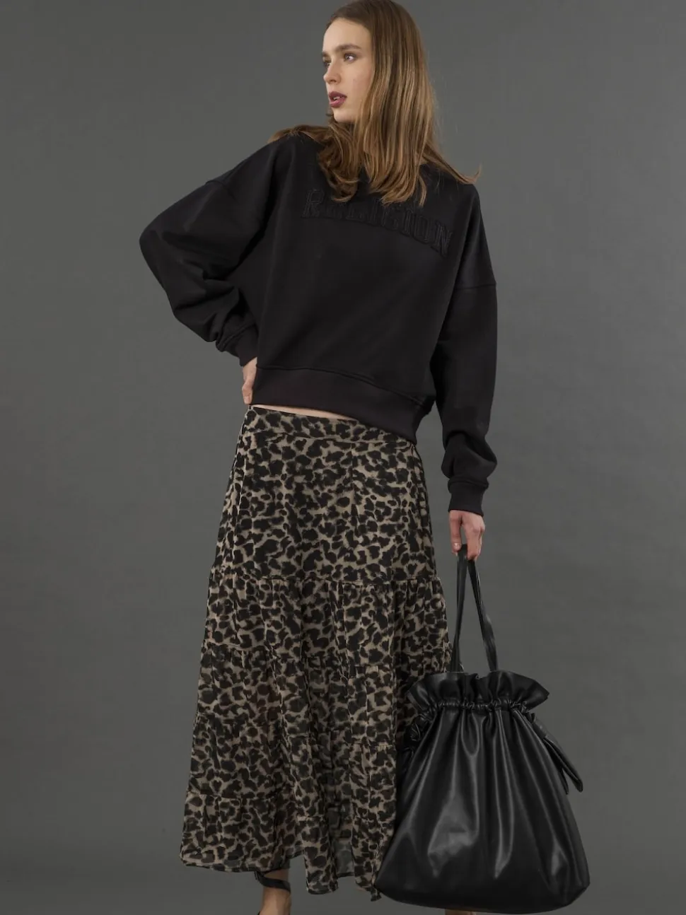 Religion Black Tiered Boho Style Citrine Maxi Skirt In Leopard Animal Print