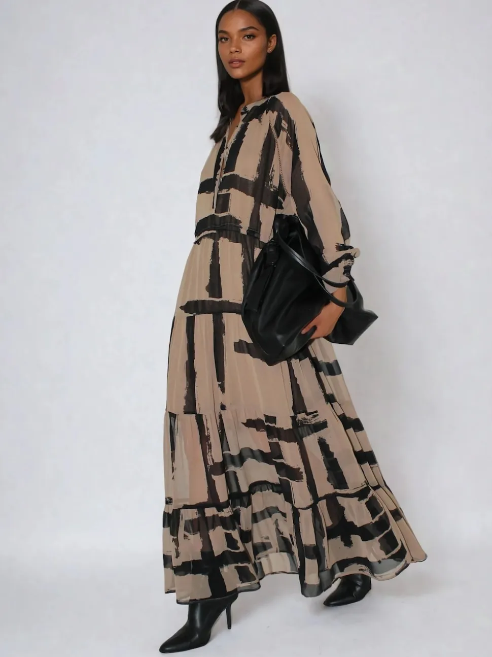 Religion Brown Loose Zoe Maxi Dress In Bold Selvage Black Stripe On Caramel