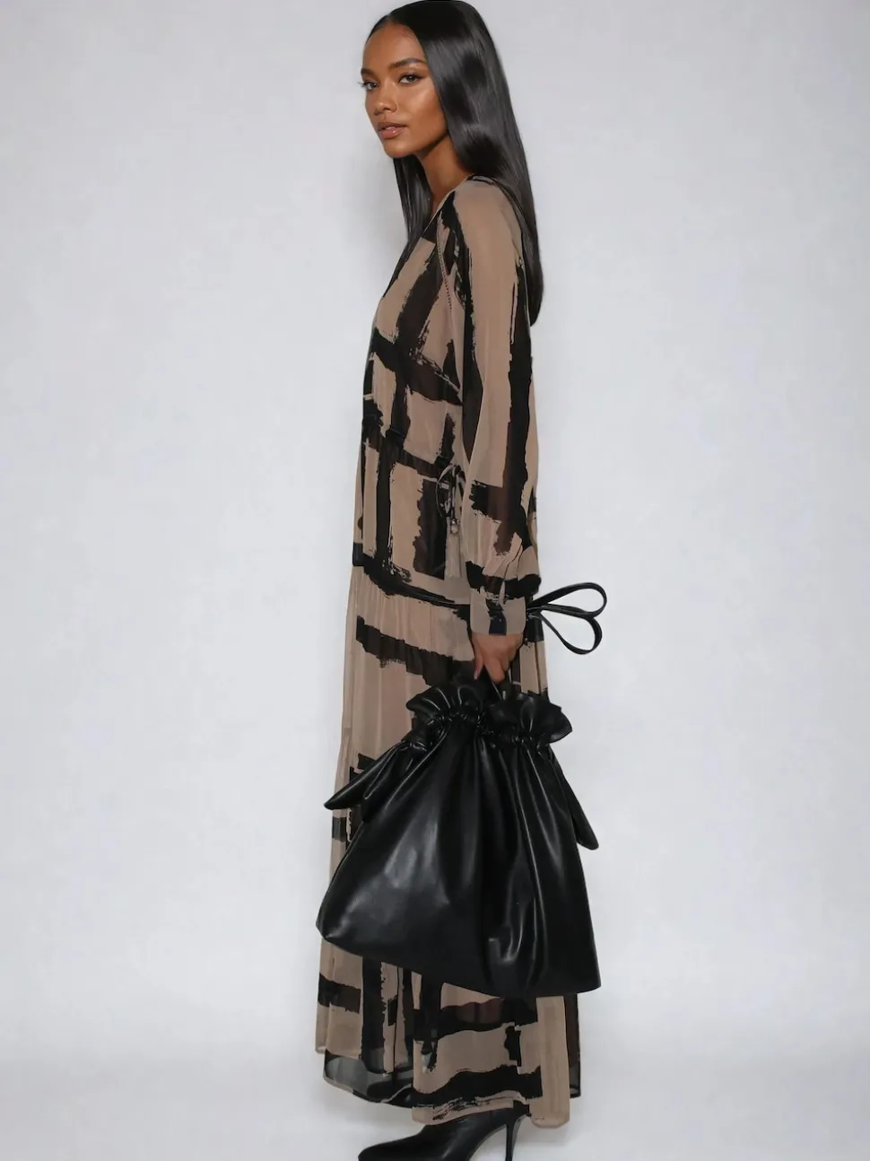 Religion Brown Loose Zoe Maxi Dress In Bold Selvage Black Stripe On Caramel