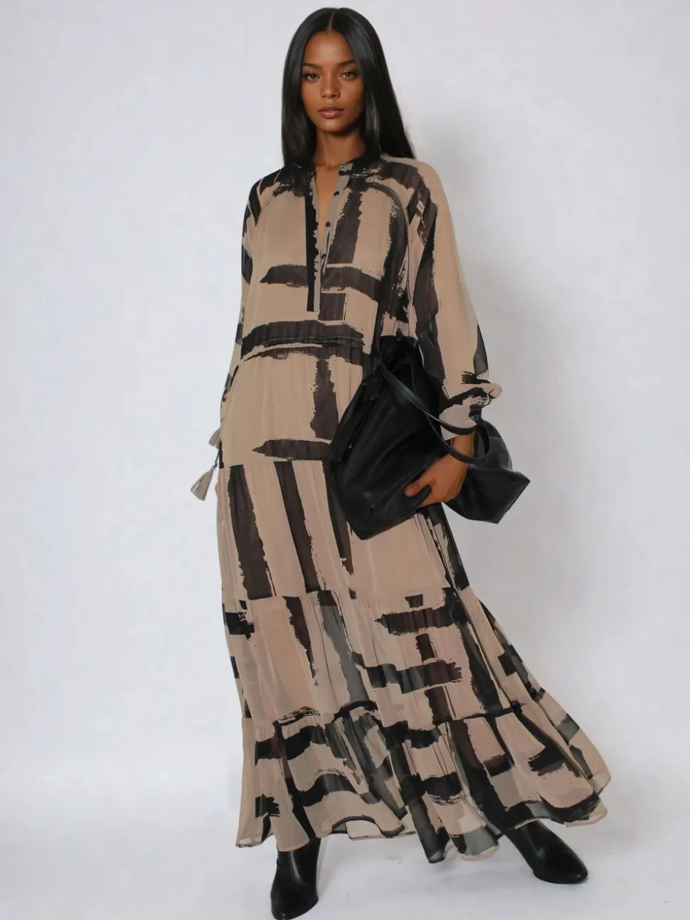 Religion Brown Loose Zoe Maxi Dress In Bold Selvage Black Stripe On Caramel