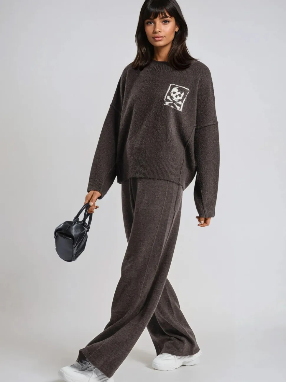 Religion Brown Luscious Knitted Quiet Luxury Joggers with Skull & Crossbone Jacquard