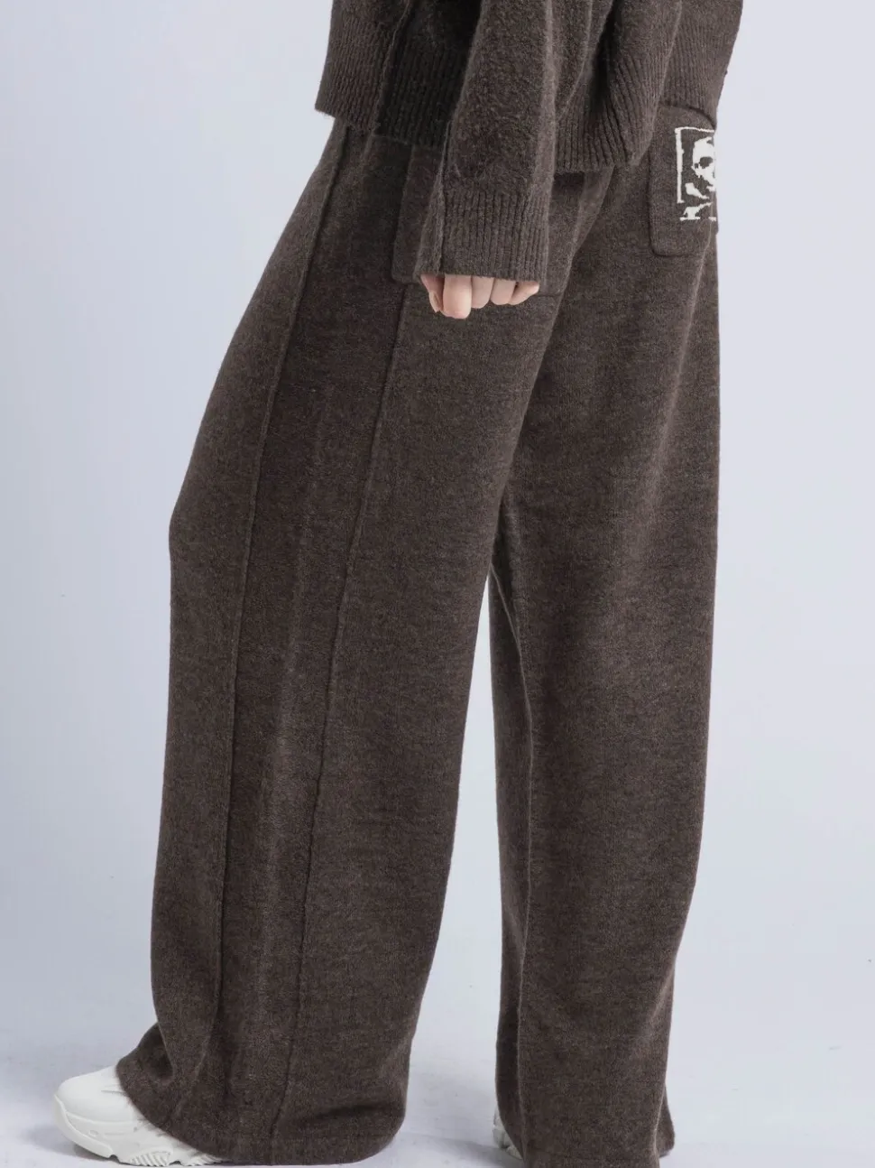 Religion Brown Luscious Knitted Quiet Luxury Joggers with Skull & Crossbone Jacquard