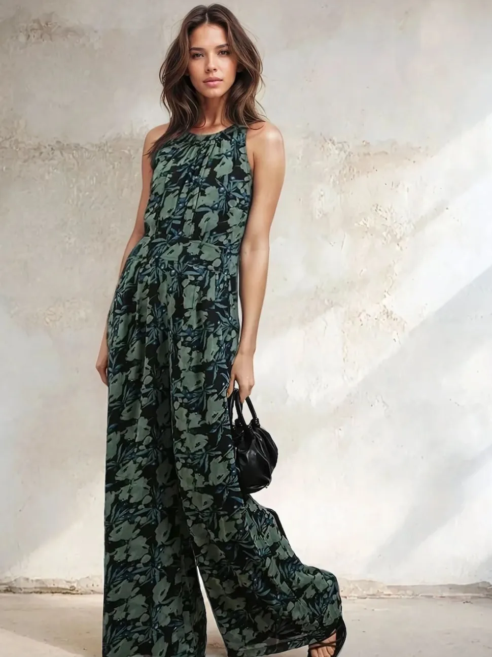 Religion Green Crew Wide Leg Jumpsuit in Abstract Façade Print