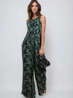 Religion Green Crew Wide Leg Jumpsuit in Abstract Façade Print
