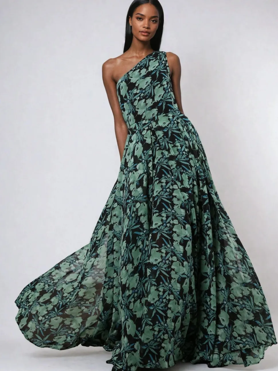 Religion Green One Shoulder Maxi Dress With Full Skirt
