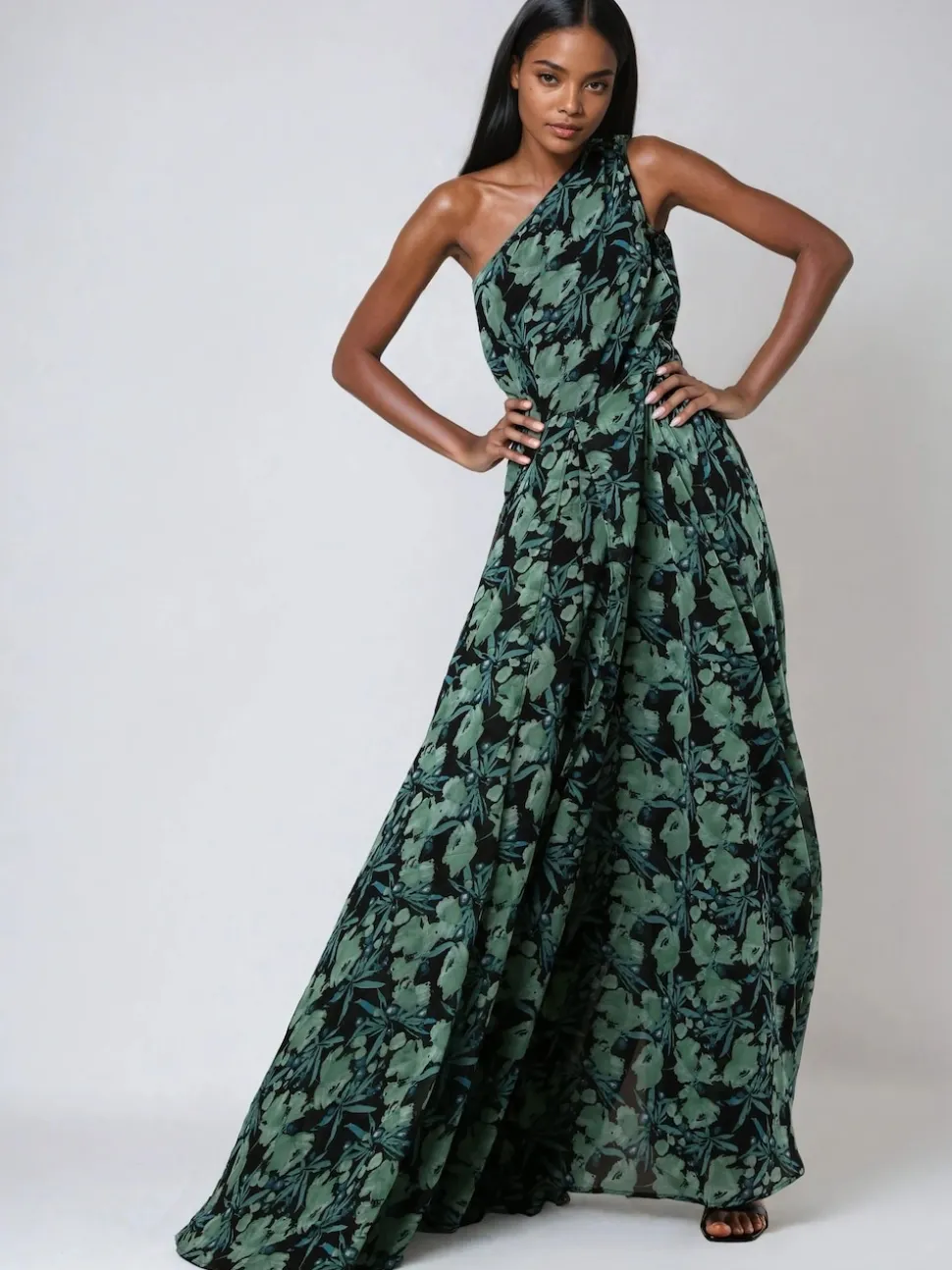 Religion Green One Shoulder Maxi Dress With Full Skirt