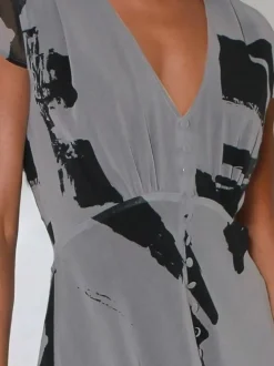 Religion Grey Indium Maxi Tea Dress With Feminine Button Detail In Abstract
