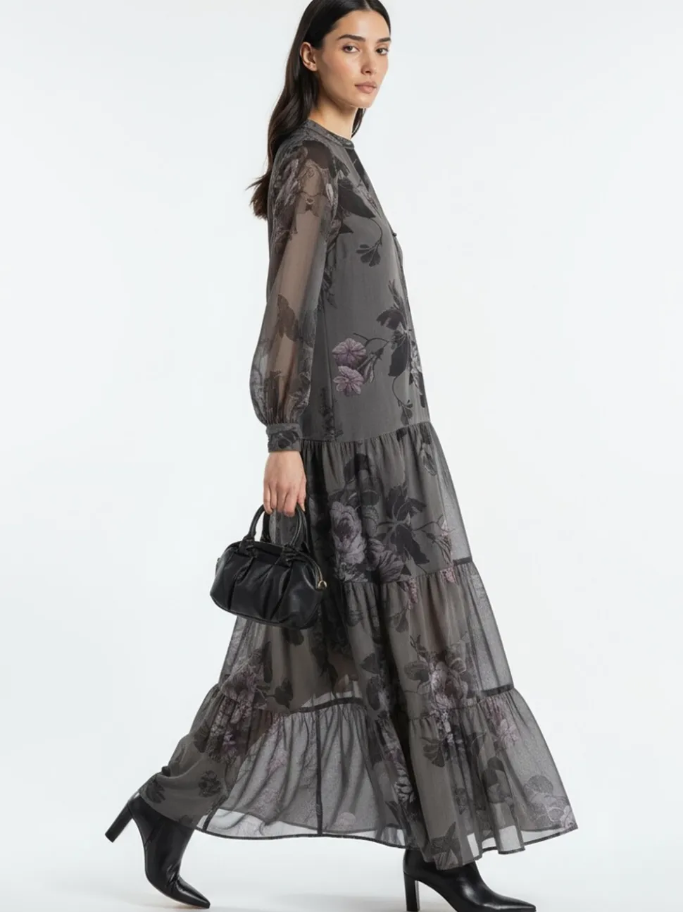 Religion Grey Stephanie Maxi Boho Tiered Dress In Taupe Floral Print