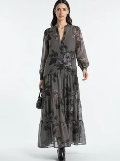 Religion Grey Stephanie Maxi Boho Tiered Dress In Taupe Floral Print